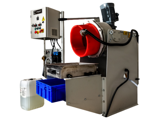 Machine de tribofinition fonctionnant par mouvement centrifuge.