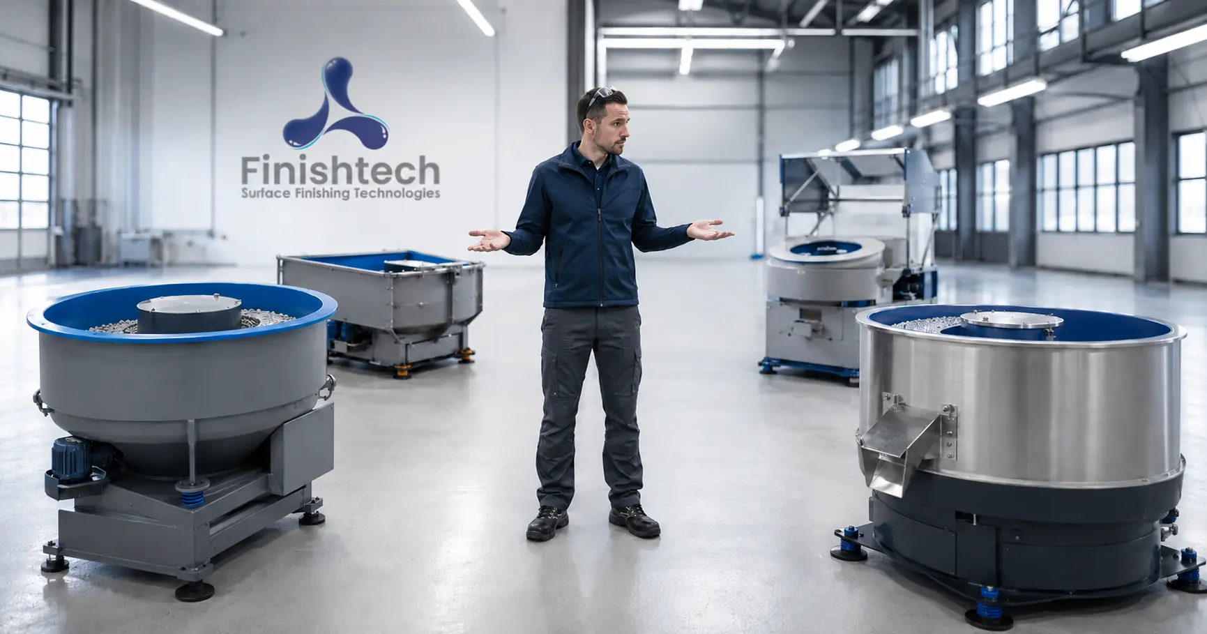 Responsable comparant plusieurs machines de tribofinition dans un atelier industriel.