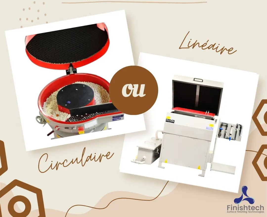 image qui compare une machine de tribofinition circulaire et une machine linéaire.