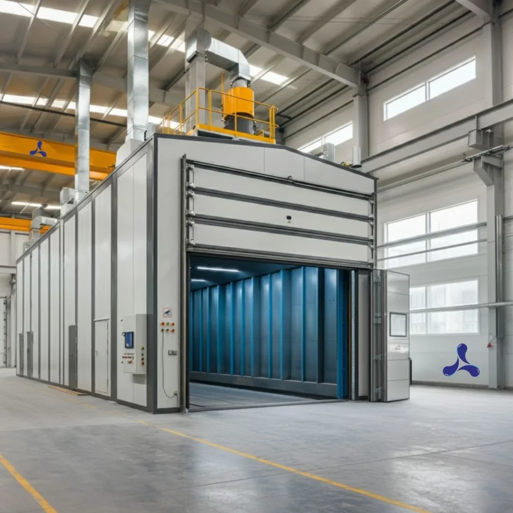 Une cabine de grenaillage avec les portes ouvertes. Elle sert au traitement de finition par projection de grenaille.
