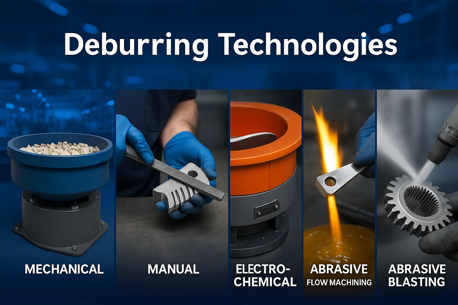 Visual comparison of deburring technologies including mechanical, manual, electrochemical, abrasive flow, and abrasive blasting—key factors influencing deburring machine price in industrial applications