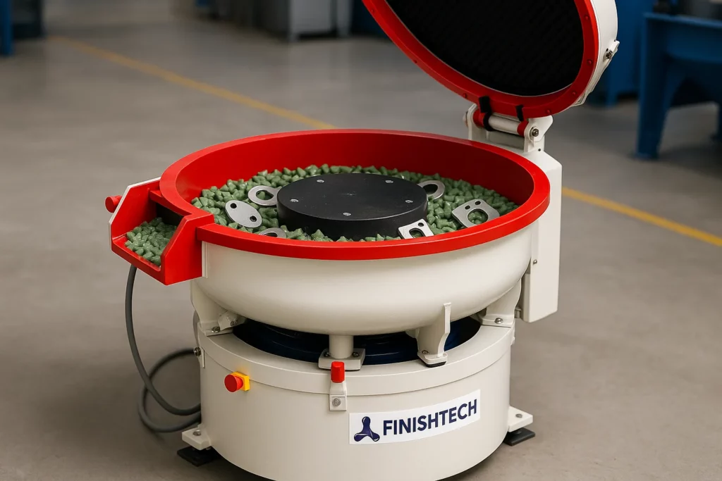 Finishtech circular vibratory deburring machine processing metal parts—showcasing features that influence deburring machine price.