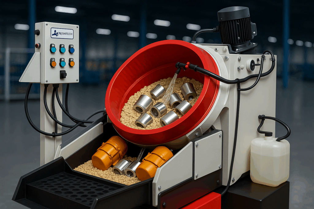 Finishtech rotary deburring machine in operation with media and water flow—industrial setup showcasing functionality and components impacting deburring machine price.