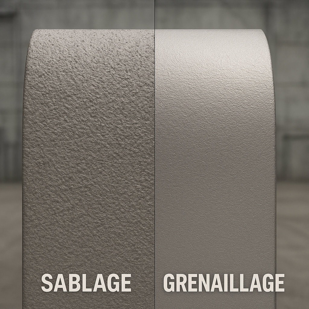 Comparaison visuelle entre les effets du sablage et du grenaillage sur une surface métallique
