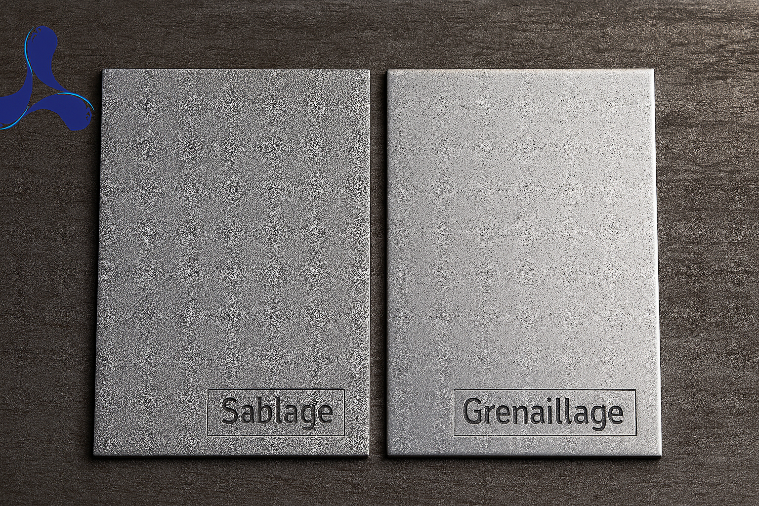 Comparaison visuelle : à gauche une surface métallique sablée (aspect mat), à droite une surface grenaillée (aspect plus lisse avec micro-impacts), illustrant la différence de texture.