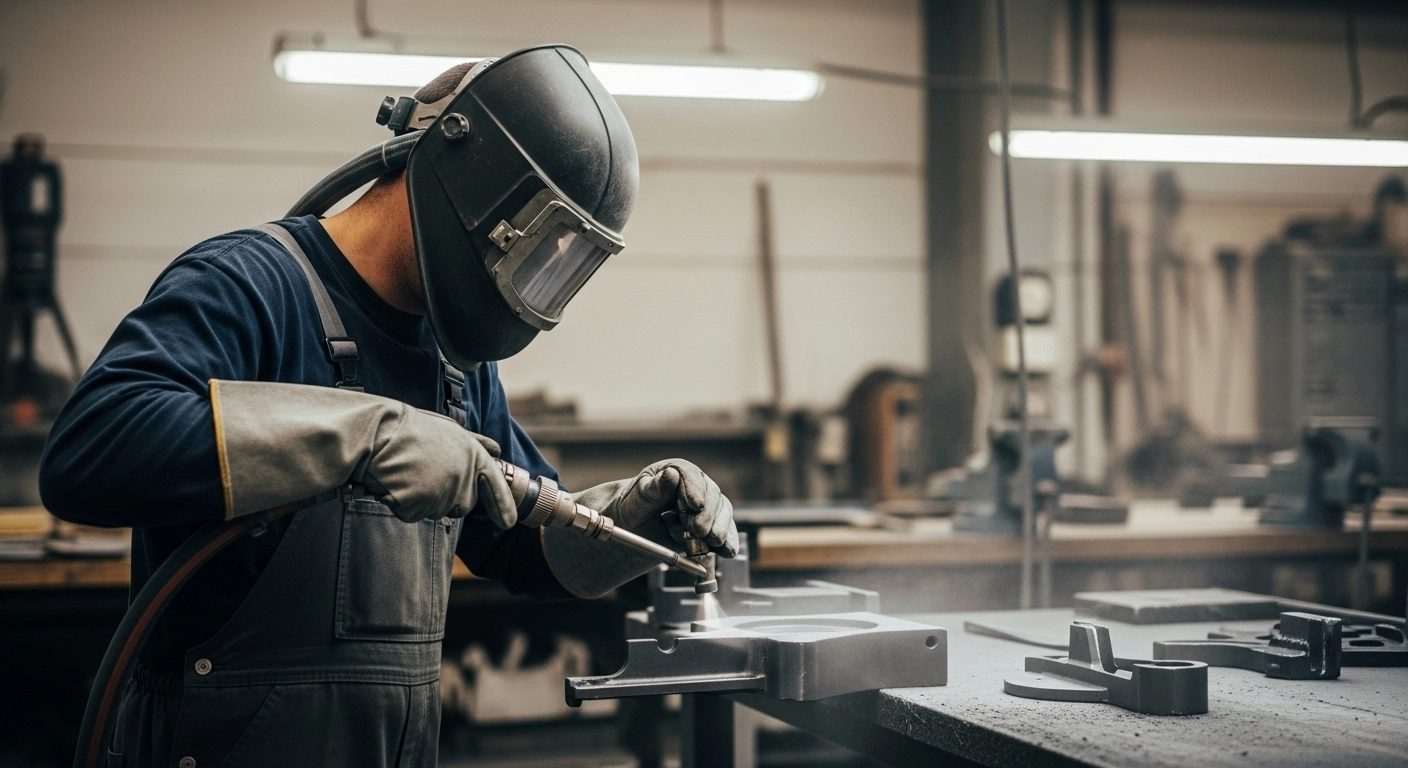 Craftsman in protective clothing sandblasting a metal part, abrasive sand blasting visible around the part.
