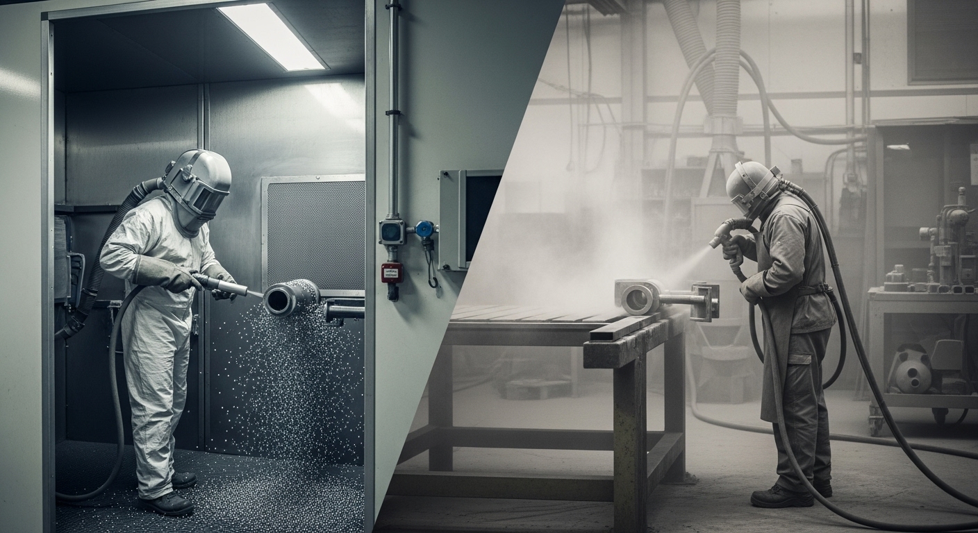 Comparaison visuelle entre grenaillage et sablage dans un atelier industriel : à gauche, un technicien en cabine effectuant un grenaillage sur une pièce métallique ; à droite, un artisan réalisant un sablage à l’air libre avec nuage abrasif.