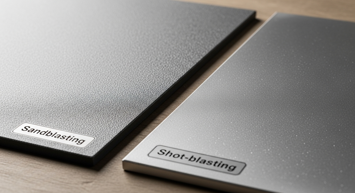 Visual comparison: on the left, a sandblasted metal surface (matt appearance), on the right, a shot-blasted surface (smoother appearance with micro-impacts), illustrating the difference in texture.