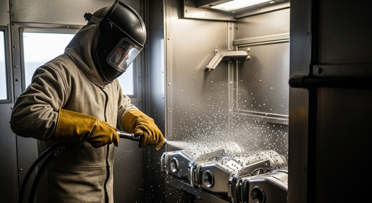 Opérateur réalisant un grenaillage sur une pièce métallique dans une cabine industrielle, avec des billes d’acier projetées à grande vitesse.
