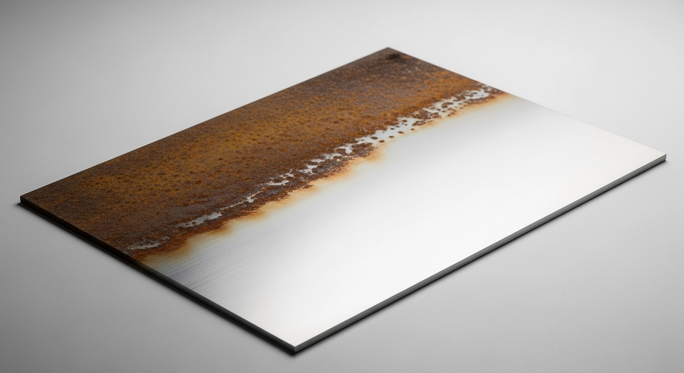Comparaison avant/après traitement de surface d’une plaque métallique : moitié gauche rouillée, moitié droite polie et protégée.