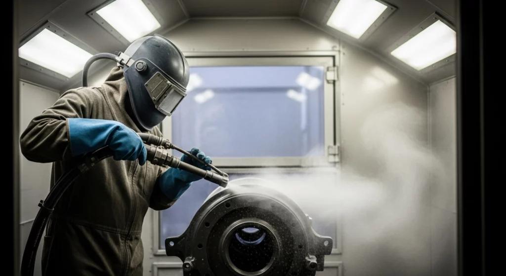 Cabin technician performing industrial sandblasting on metal parts, visible abrasive blast.