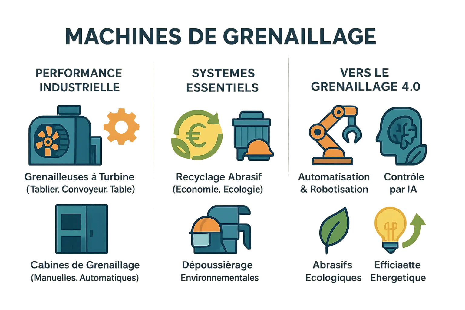 Illustration of industrial shot-blasting machines with recycling systems and automation