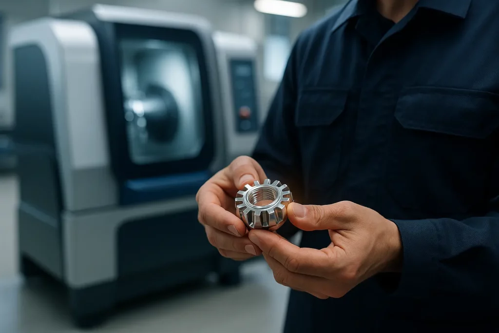 A man checking a motor piece coming from a mass finishing machine