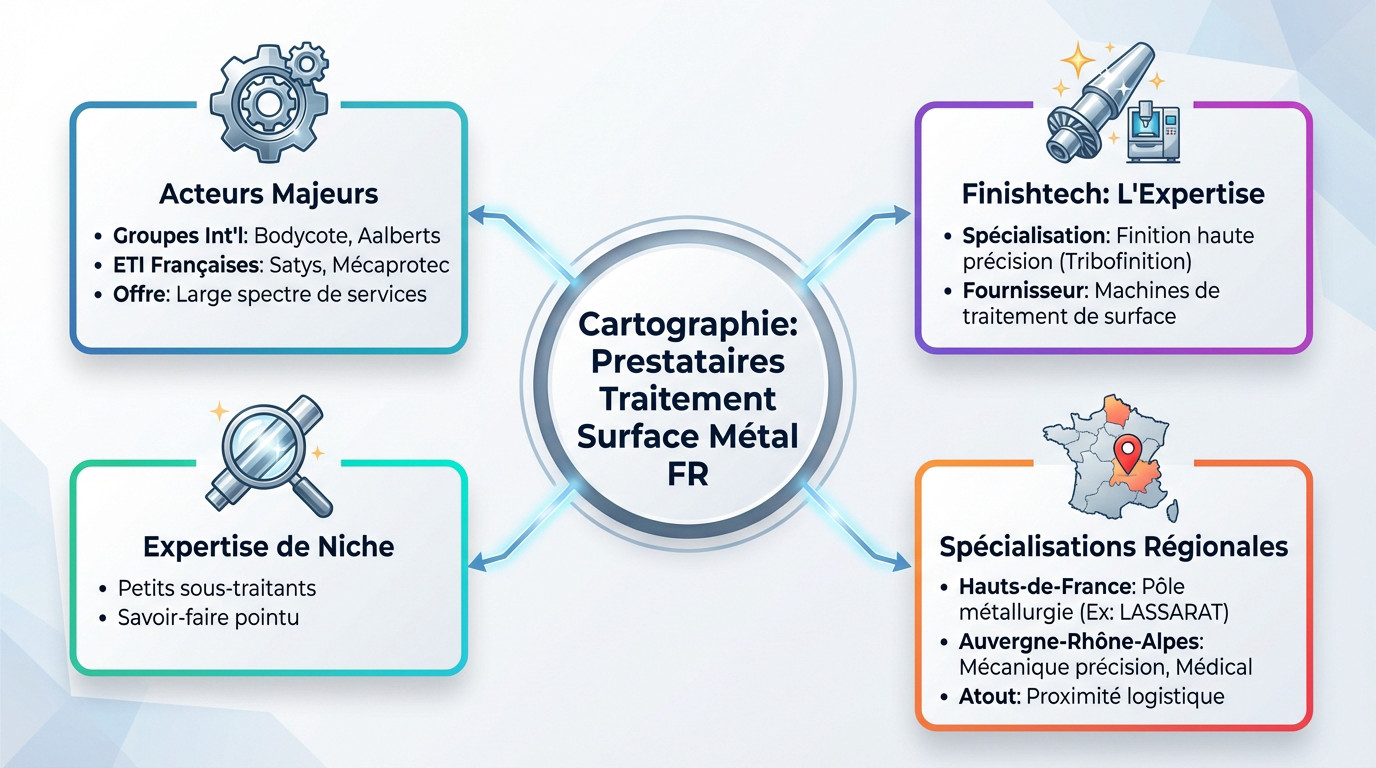 Carte de France illustrant la répartition des prestataires de traitement de surface métallique