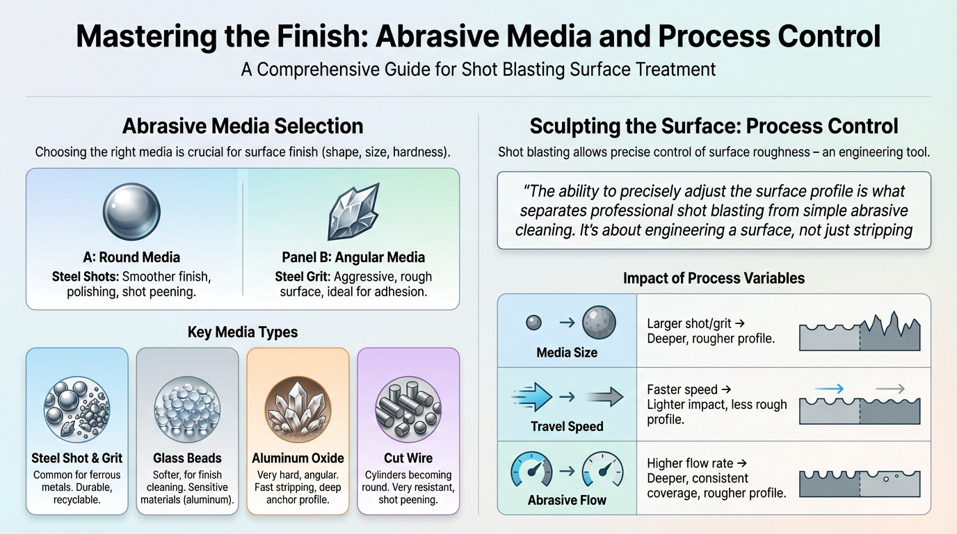 Industrial shot blasting process showing <strong></noscript>abrasive media impact on metal surface</strong>” width=”100%”>
</p>
<p>Now that we understand the mechanics, realize the result isn’t accidental. The choice of abrasive and machine settings determines everything.</p>
<h3>Choosing Your Weapon: The Different Types of Abrasive Media</h3>
<p>Selecting the right abrasive media is decisive. <strong>Shape, size, and hardness directly dictate the finish</strong>. Steel shots are round, creating smooth surfaces for polishing. Conversely, angular steel grit is aggressive, etching the rough profile needed for adhesion.</p>
<p>Beyond standard steel, specific tasks require specialized tools. You need the right media for the right target to <strong>avoid ruining the workpiece</strong>.</p>
<ul>
<li><strong>Steel Shot & Grit</strong>: Common for ferrous metals; durable and recyclable.</li>
<li>Glass Beads: <strong>Soft media for cleaning sensitive materials</strong> like aluminum without dimensional changes.</li>
<li><strong>Aluminum Oxide</strong>: Hard and angular for rapid stripping and deep anchor profiles.</li>
<li><strong>Cut Wire</strong>: Cylindrical wire that rounds over time; highly resistant for peening.</li>
</ul>
<h3>Sculpting the Surface: How to Control the Final Profile</h3>
<p>Shot blasting allows you to control the surface profile with engineering precision. It’s not just about cleaning. Three variables define the outcome: media size, machine travel speed, and abrasive flow. Mastering these ensures a <strong>repeatable finish</strong>.</p>
<blockquote><p>The ability to precisely adjust the surface profile is what separates professional shot blasting from simple abrasive cleaning. It’s about engineering a surface, not just stripping it.</p></blockquote>
<div style=