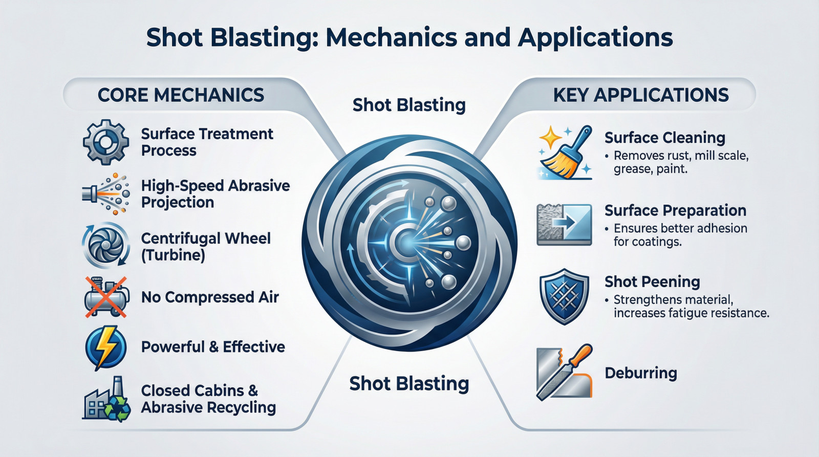 Diagram illustrating the centrifugal wheel mechanism inside a shot blasting machine projecting abrasive media onto a metal surface