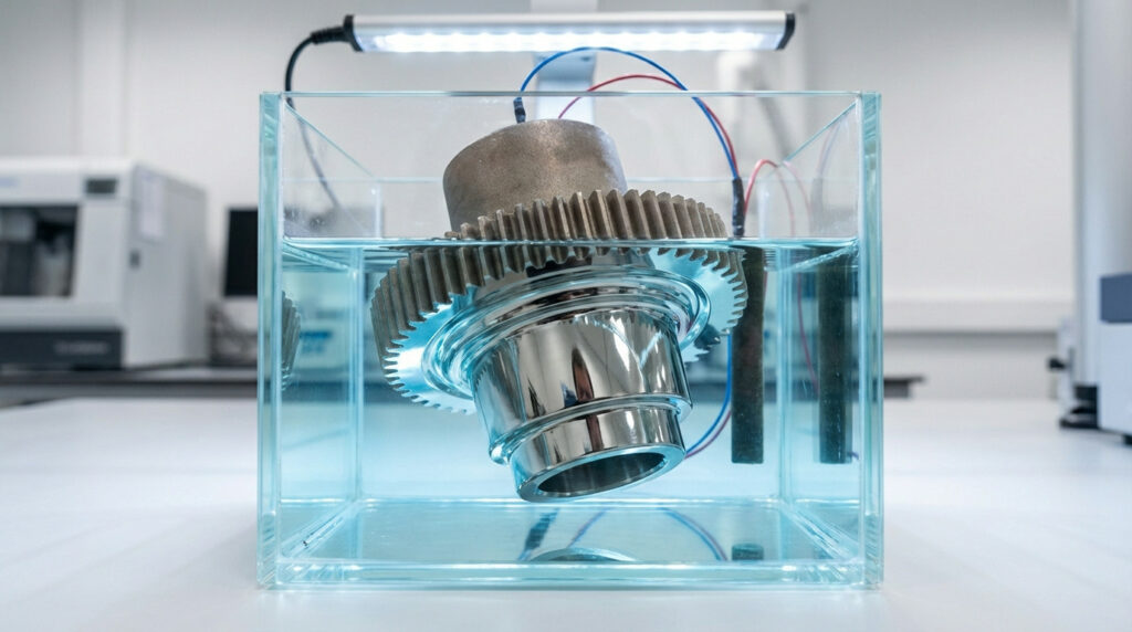 une pièce en plein pocessus d'Électropolissage