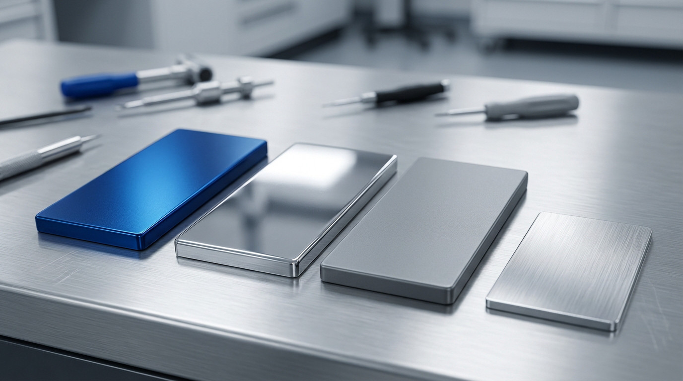 Close-up of four aluminum samples: blue anodized, mirror-polished, matte grey, and brushed, on a brushed metal surface with tools.