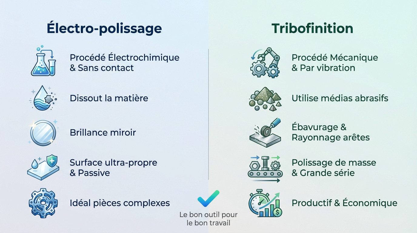 Schéma comparatif technique entre le processus d'électro-polissage et la tribofinition mécanique