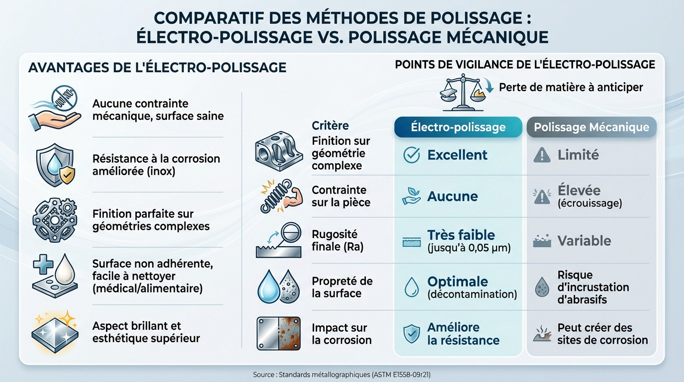 Comparatif visuel entre une surface traitée par électropolissage et un polissage mécanique traditionnel