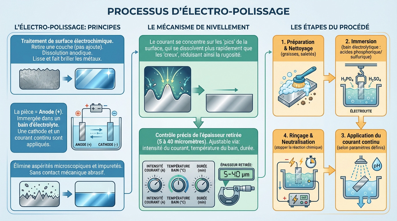 Schéma explicatif du processus d'électropolissage avec anode et cathode