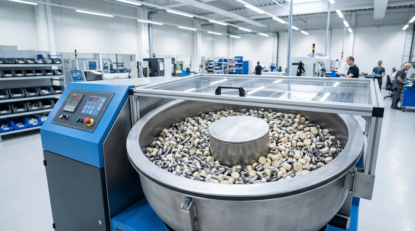 Ébavurage machine: Machine de tribofinition en action, avec des pièces métalliques et médias abrasifs en rotation dans une cuve. Atelier moderne en arrière-plan.