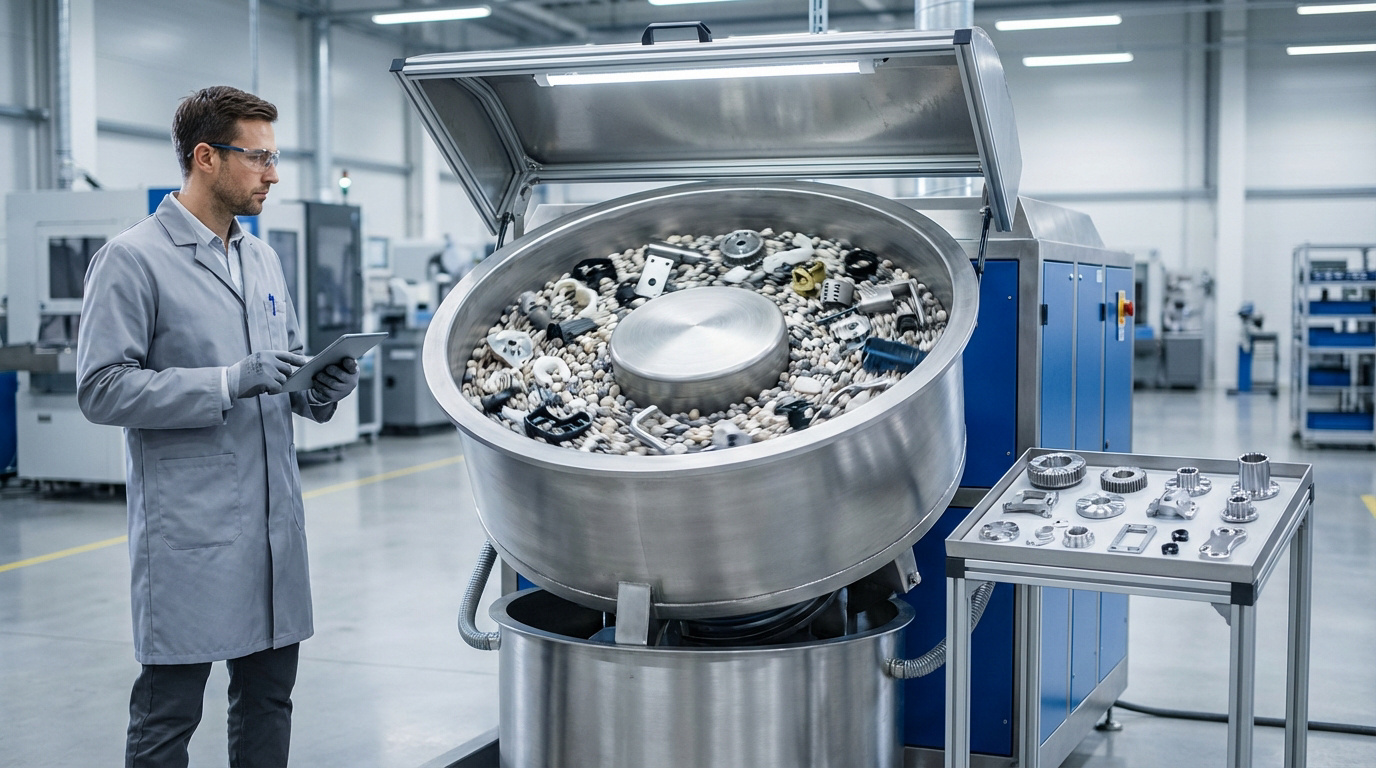 Opérateur en blouse et lunettes de sécurité avec tablette devant un bol vibrant de tribofinition en marche, rempli de pièces et médias, et une table d'échantillons finis.