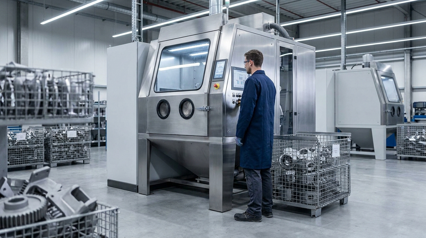 Un opérateur en blouse bleue utilise une machine de traitement de surface en acier inoxydable dans une usine. Des pièces métalliques sont dans des paniers.
