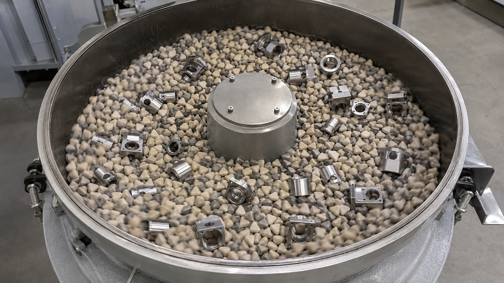 Cuve de tribofinition remplie de médias abrasifs et de pièces métalliques en cours de polissage miroir