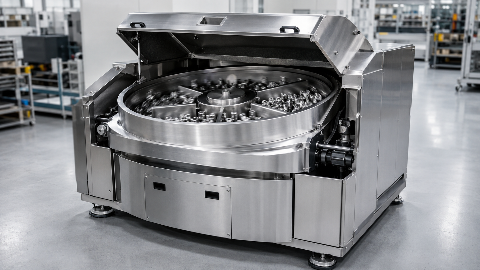 Machine de finition centrifuge haute énergie en inox dans un atelier de tribofinition