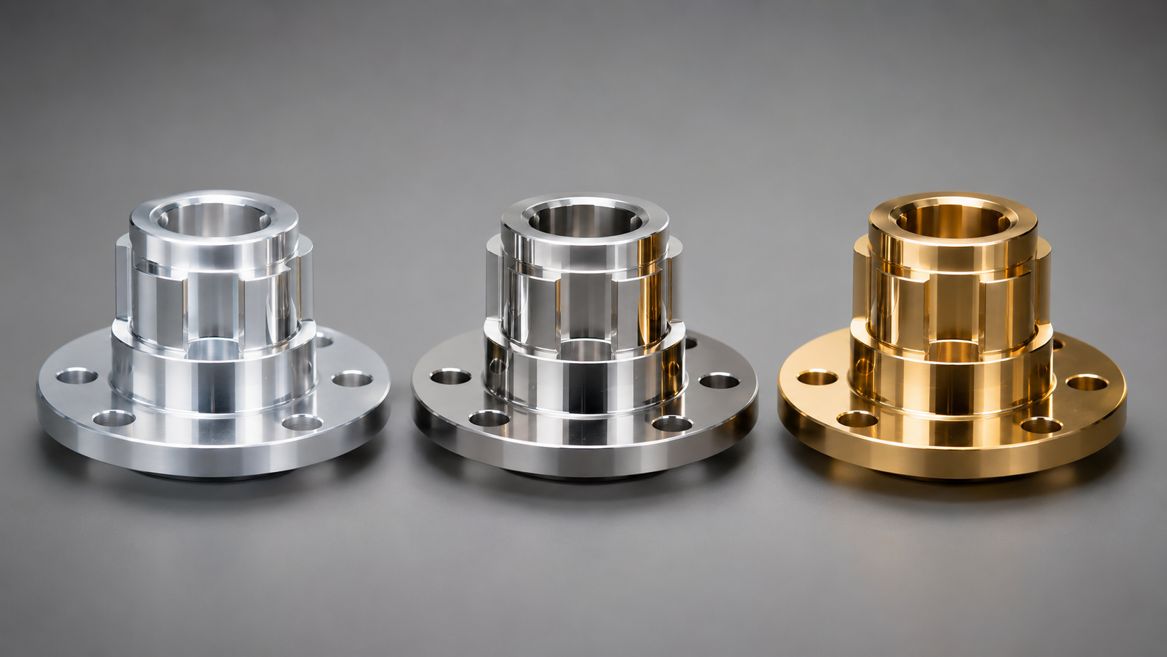 Trois pièces au poli miroir - aluminium, acier inoxydable et laiton côte à côte