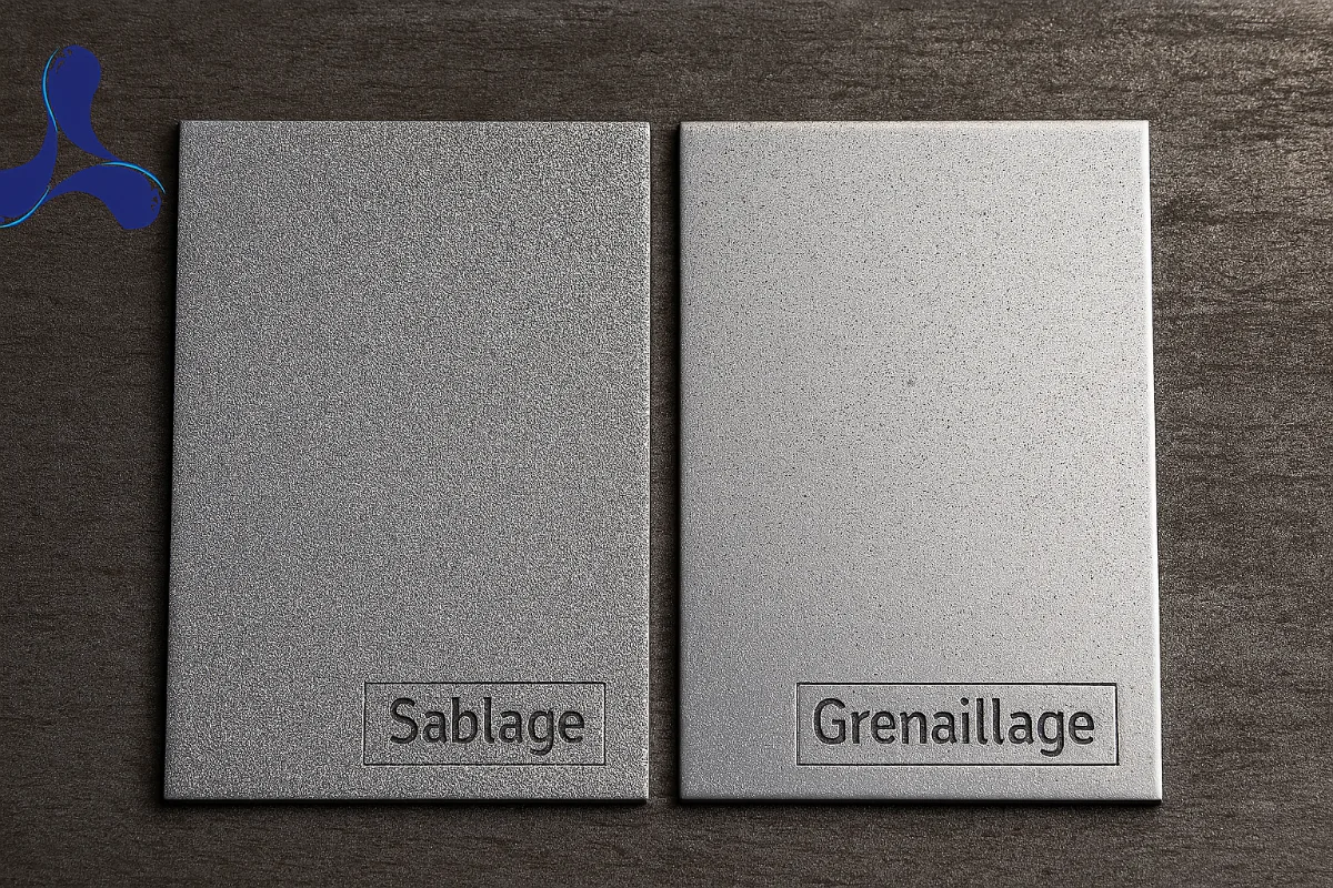 Comparaison visuelle : à gauche une surface métallique sablée (aspect mat), à droite une surface grenaillée (aspect plus lisse avec micro-impacts), illustrant la différence de texture.