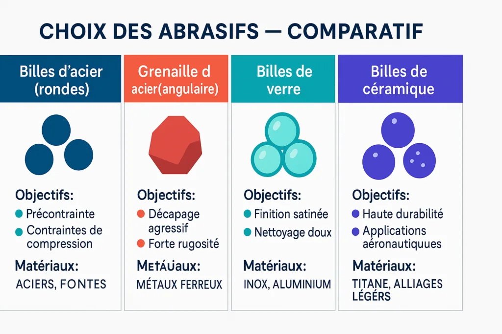 Tableau des abrasifs de grenaillage : acier rond, acier angulaire, verre, céramique