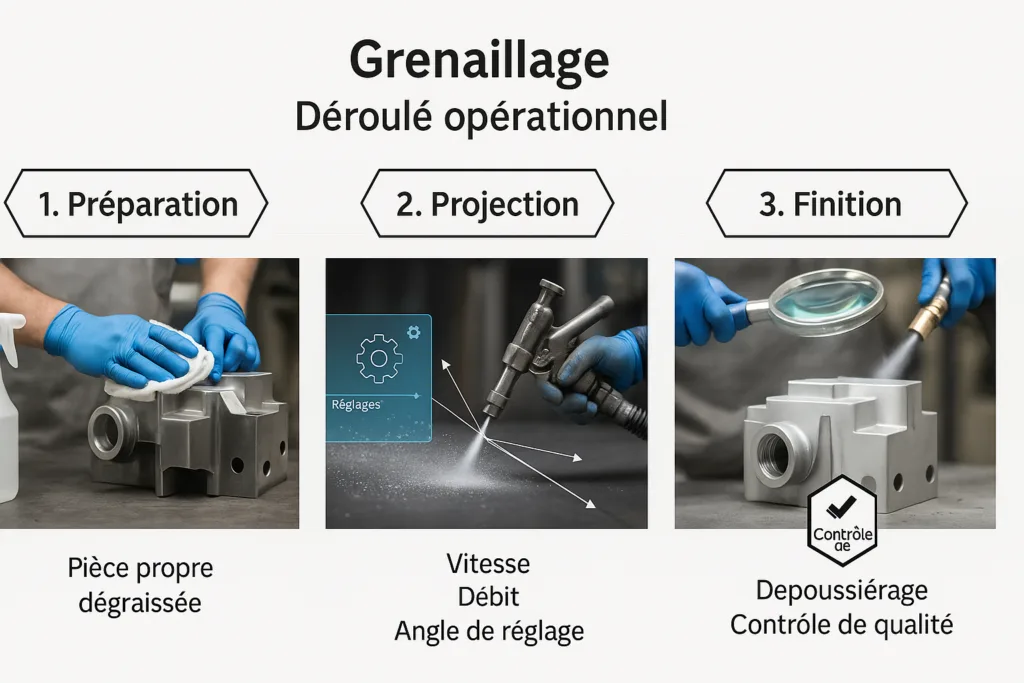 Les 3 étapes du grenaillage : préparation, projection et finition avec contrôle qualité