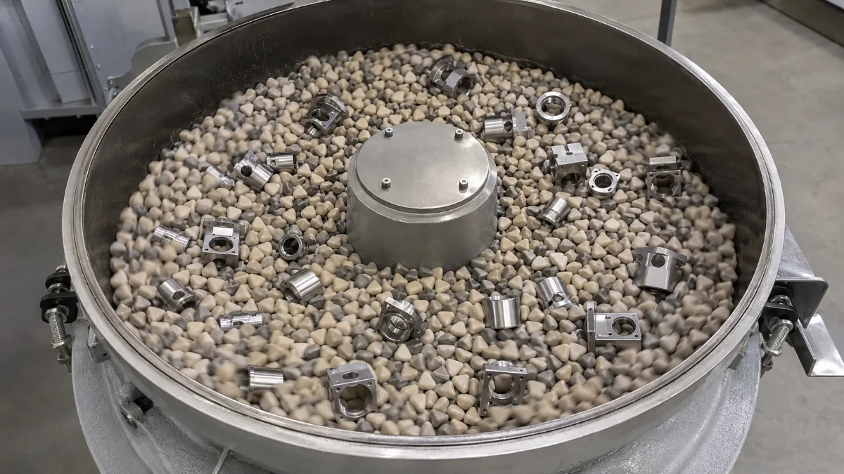 Mass finishing tub filled with abrasive media and metal parts during mirror polishing