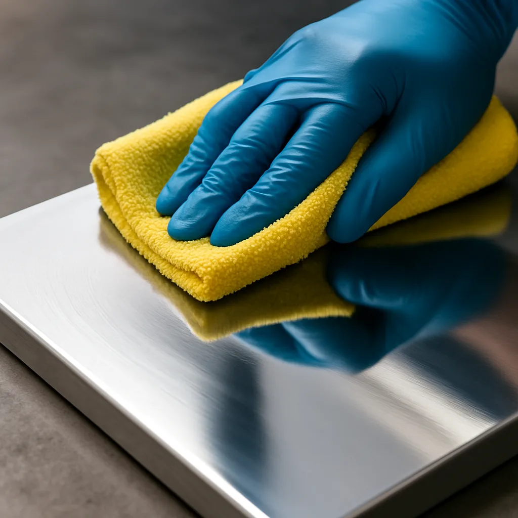 Buffing a polished aluminum plate with a microfibre cloth