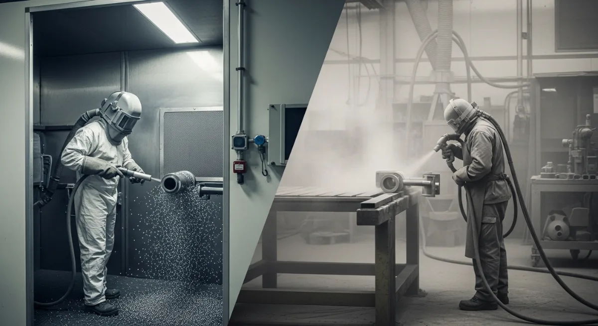 Comparaison visuelle entre grenaillage et sablage dans un atelier industriel : à gauche, un technicien en cabine effectuant un grenaillage sur une pièce métallique ; à droite, un artisan réalisant un sablage à l’air libre avec nuage abrasif.