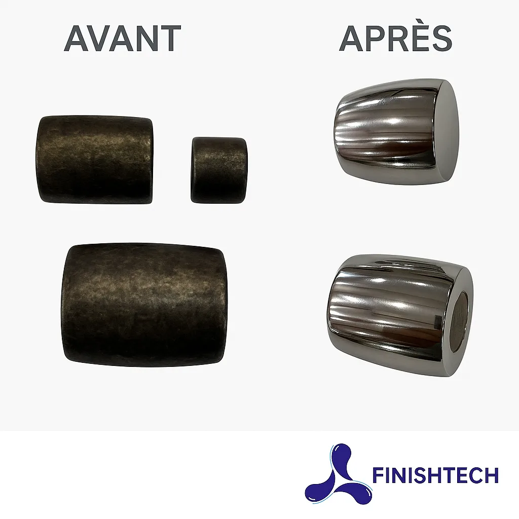 Bagues métalliques avant et après tribofinition avec Chemcut, de l'aspect brut au poli brillant
