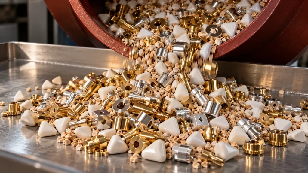 Brillantage mécanique de pièces en laiton et aluminium avec médias de brillantage