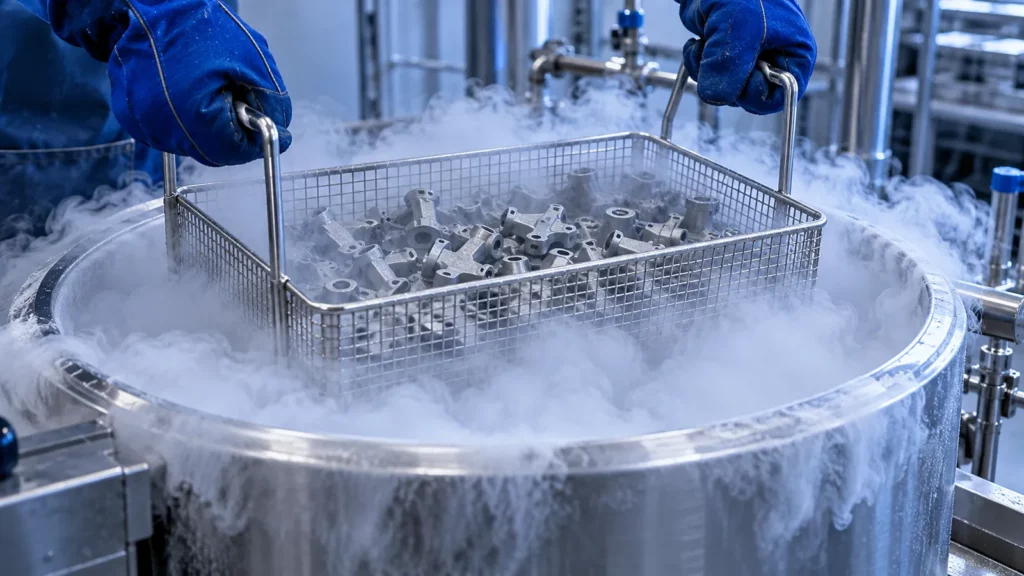 Ébavurage cryogénique de pièces plongées dans un bain d'azote liquide
