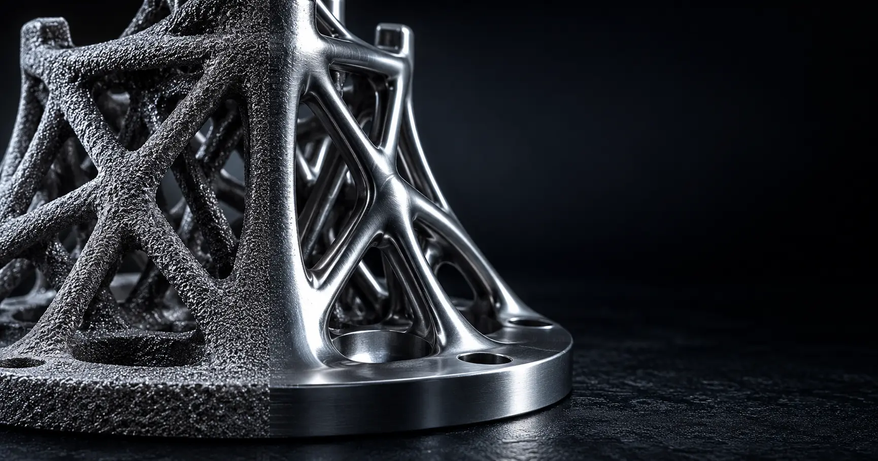 Pièce métallique imprimée en 3D mi-brute mi-lissée, image de couverture