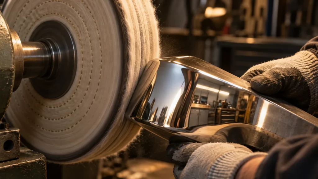 Polissage mécanique d'une pièce en inox au disque coton pour une finition miroir