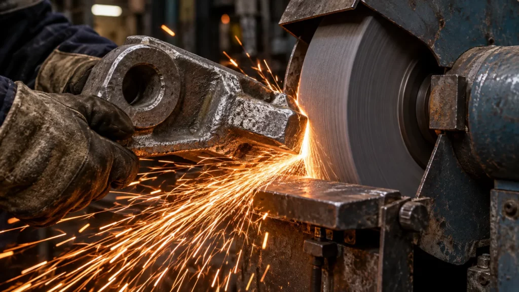 Pré-meulage d'une pièce de fonderie sur une meule en oxyde d'aluminium